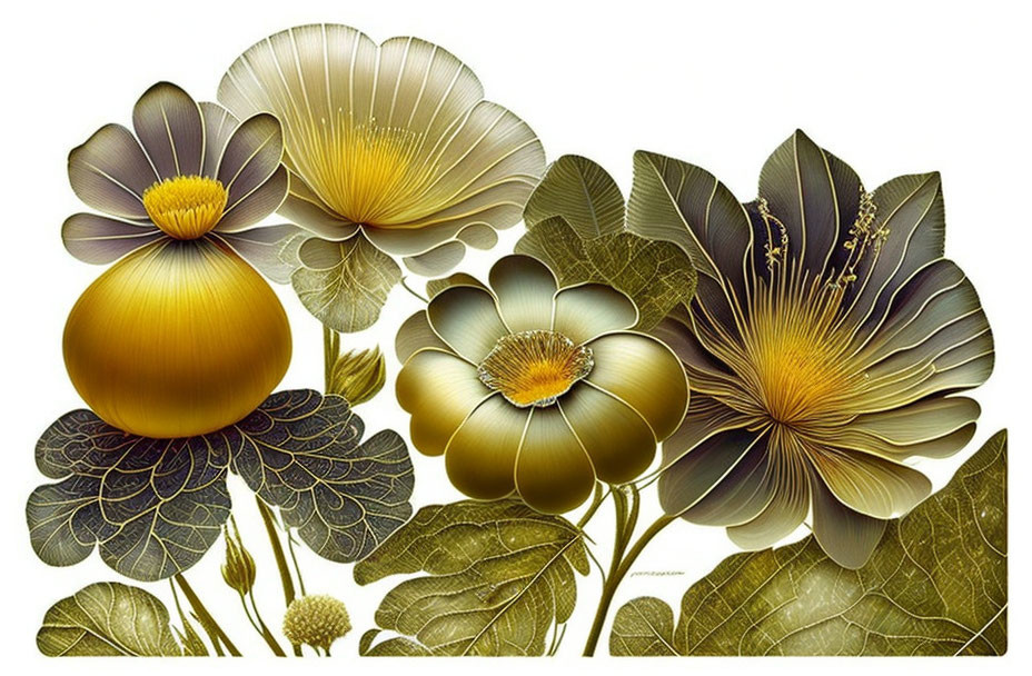 Detailed botanical illustration of luxurious gold-hued flowers
