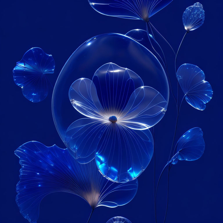 Luminescent blue jellyfish-like flowers on deep blue background