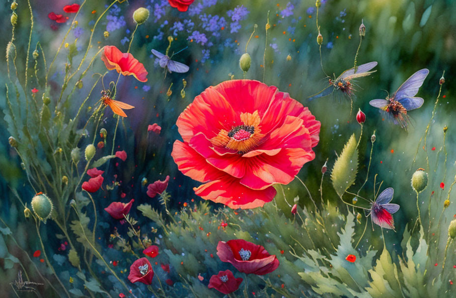 Colorful Poppy Painting with Flowers and Insects