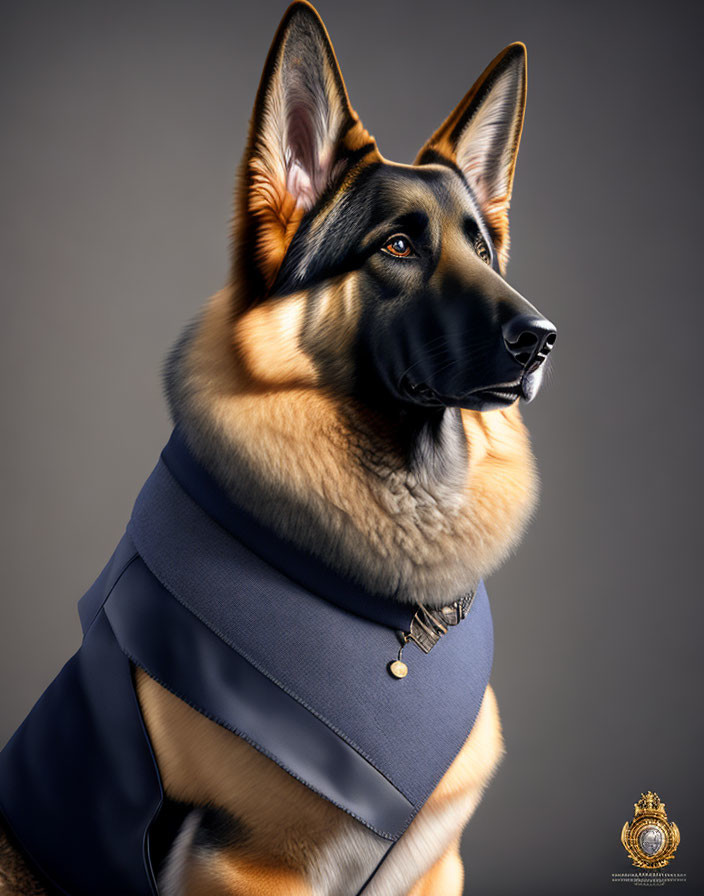 German Shepherd Dog in Stylish Dark Cape with Brooch on Gray Background