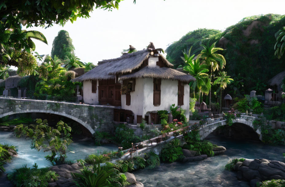 Thatched-Roof Cottage by River with Stone Bridge & Lanterns