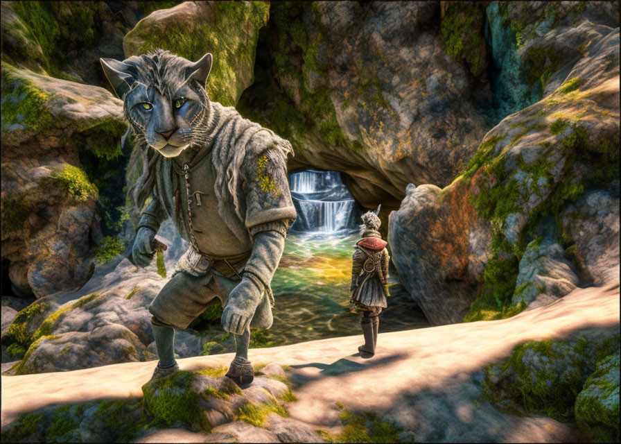 Anthropomorphic cat in medieval attire by stream with waterfall