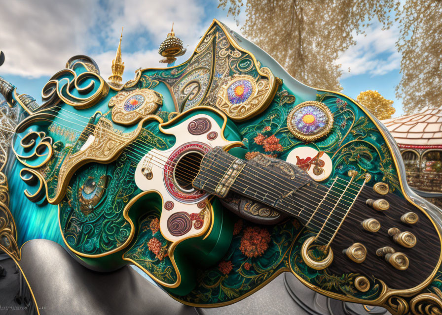 Custom Acoustic Guitar with Intricate Inlays and Gold Accents