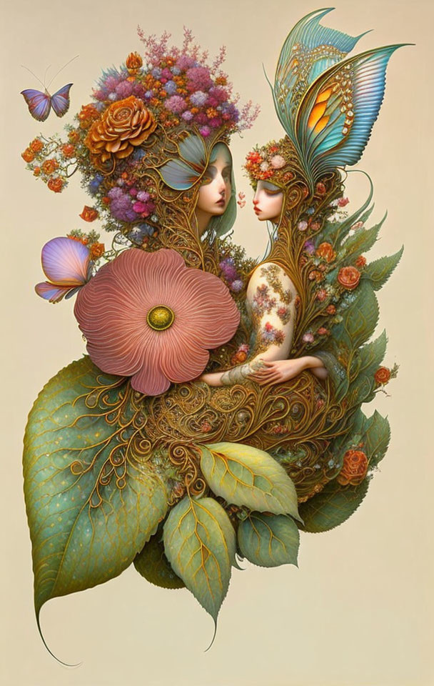 Ethereal figures in vibrant floral scene with butterflies