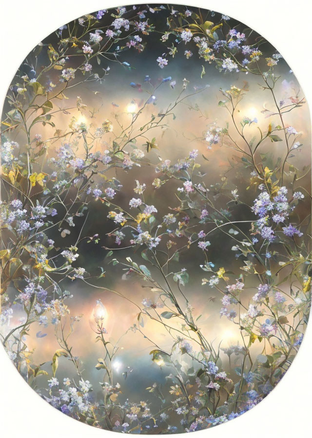 Oval painting of blossoming branches in pastel sky