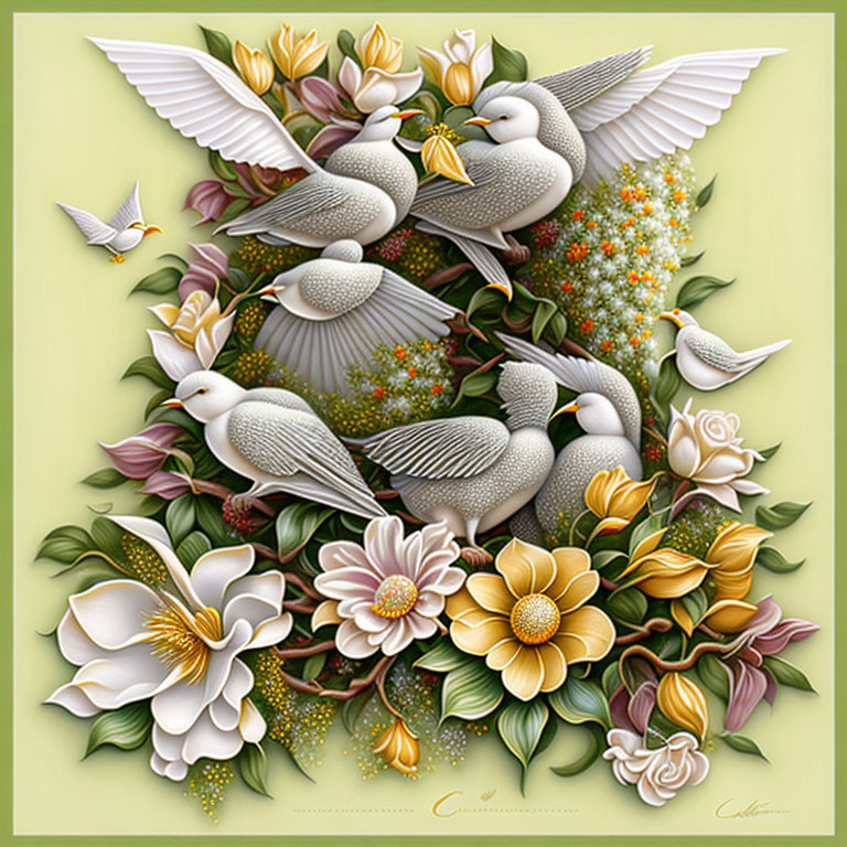 Colorful floral scene with flying doves in intricate detail