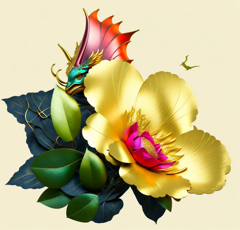 Golden dragon surrounded by metallic flowers and green leaves on pale background