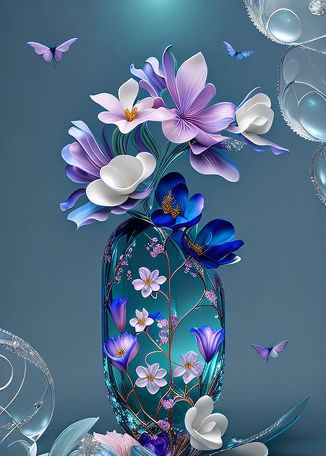 Digital artwork: Ornate vase with purple and white flowers and butterflies on grey background