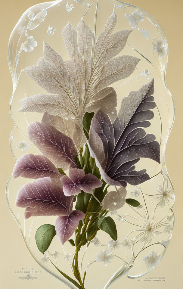 Symmetrical botanical illustration with transparent bubbles on beige background