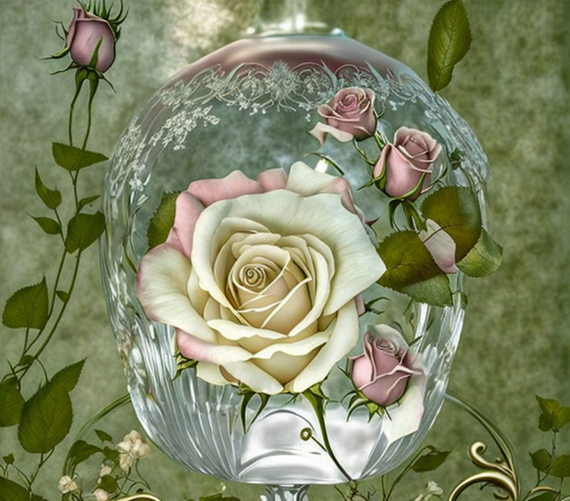 Glass Vase with Cream and Pink Roses on Green Background