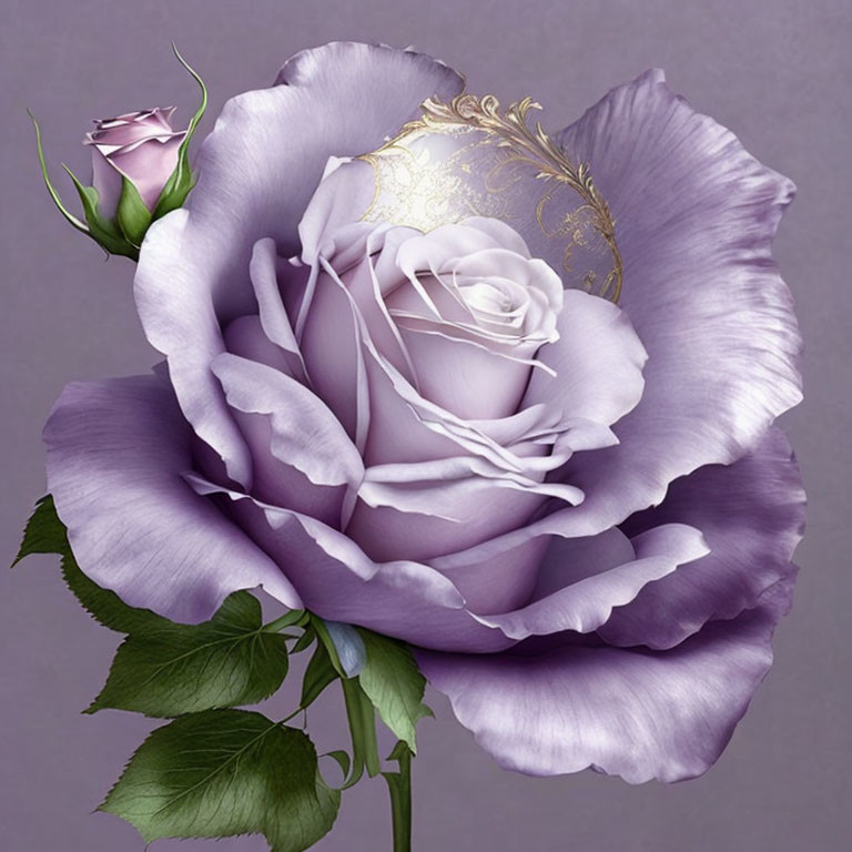 Purple Rose with Gold Pattern on Petal Against Violet Background