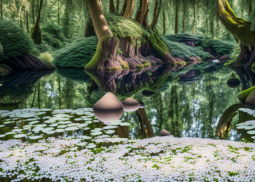 Serene forest pond with mossy trees, water lilies, and white flowers