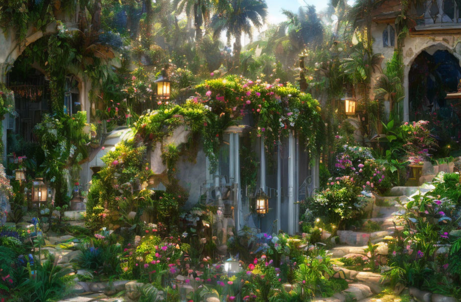 Serene garden scene with archway, flowers, ruins, and lanterns