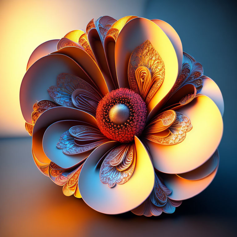 3D-rendered flower with intricate patterns in blue to orange gradient