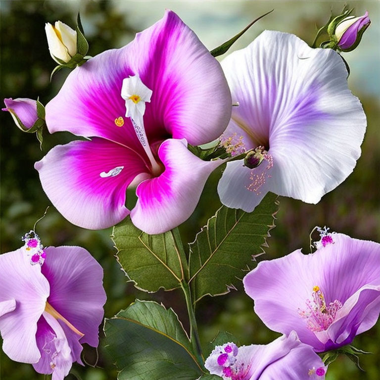 Pink and White Hibiscus Flowers with Prominent Stamens and Green Leaves