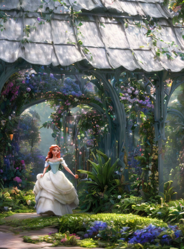 Flowing gown princess strolling in lush garden with gazebo