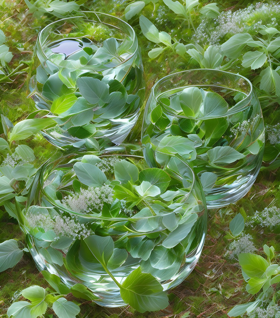 Transparent Bowls with Water and Floating Green Leaves on Bed of Plants