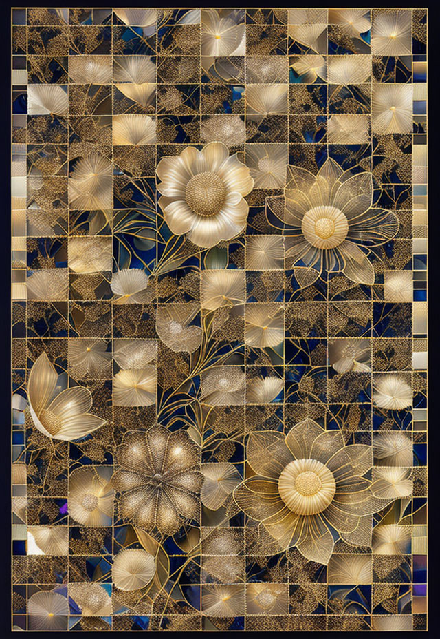 Intricate Golden Flower and Leaf Pattern on Dark Mosaic Background