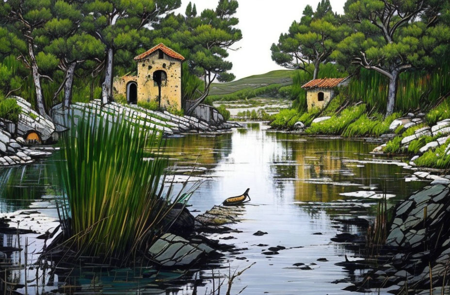 Tranquil river landscape with stone banks and greenery