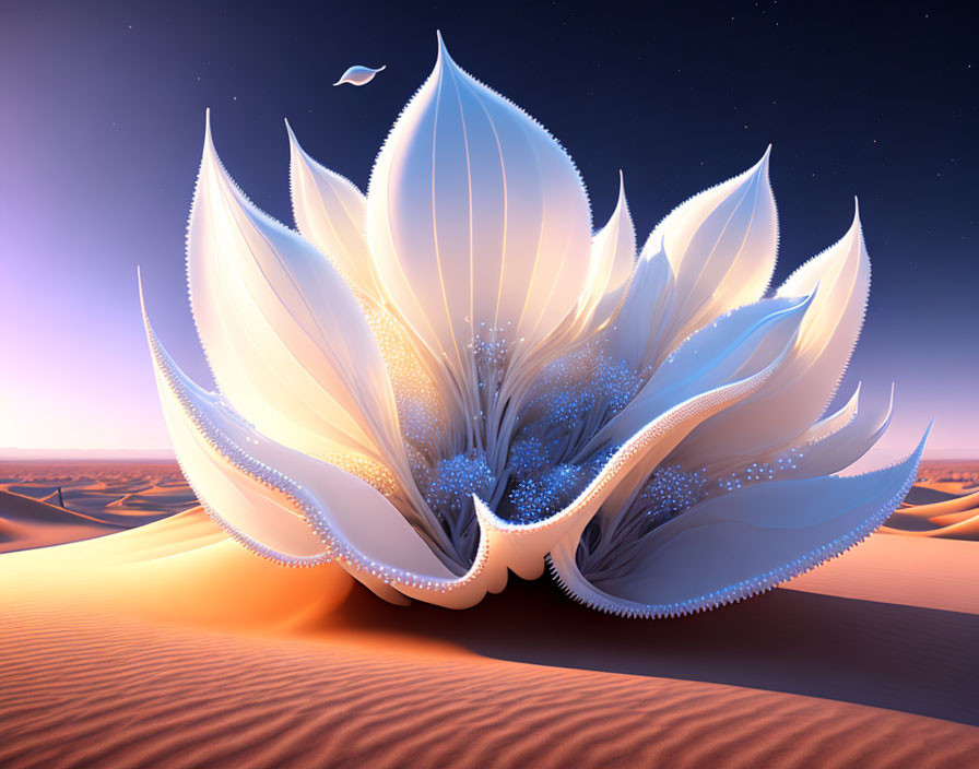 Surreal 3D rendering: Luminous flower in desert at dusk