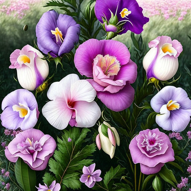 Colorful Spring Flowers in Purple, Pink, and White Blooms