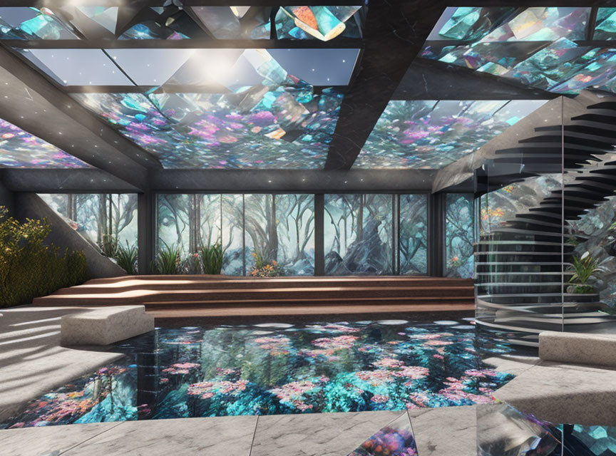 Reflective Pool, Glass Ceiling, Forest View: Modern Interior Design Features
