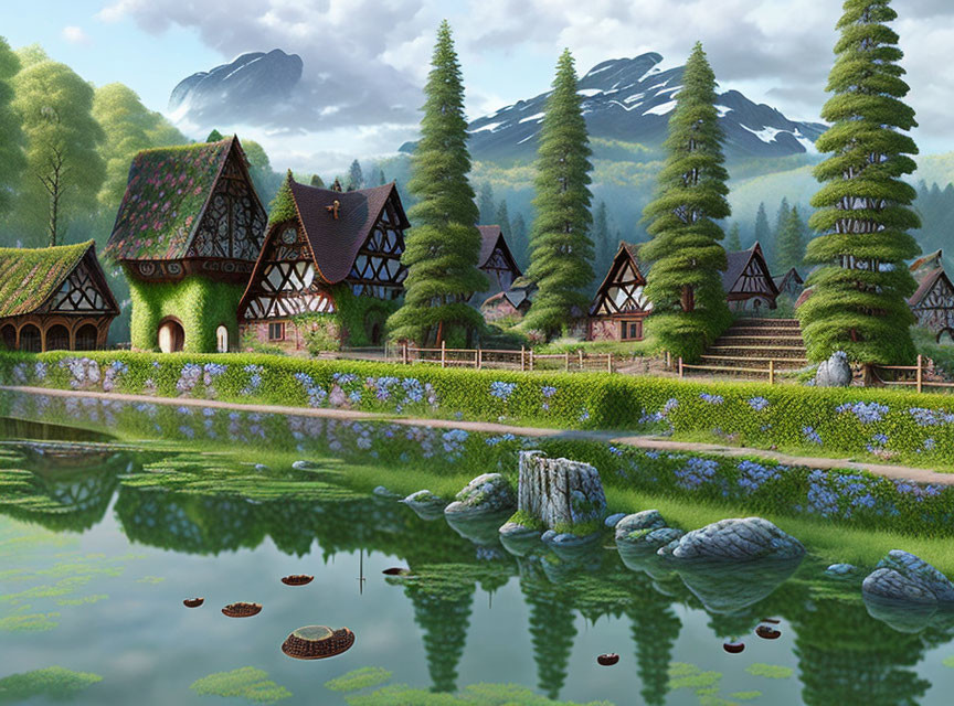 Tranquil village scene with lake, mountains, and greenery