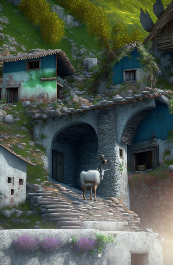 Stone houses, white goat, cobblestone path, green hills, vibrant flora