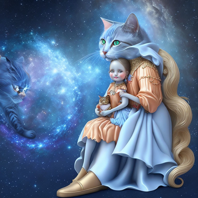 Fantasy illustration of giant cat in elegant attire holding small human-like figure with cosmic backdrop and cat silhouette