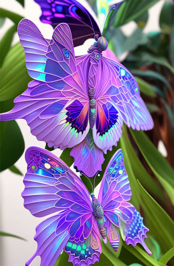 Colorful stylized butterflies on green foliage with intricate patterns