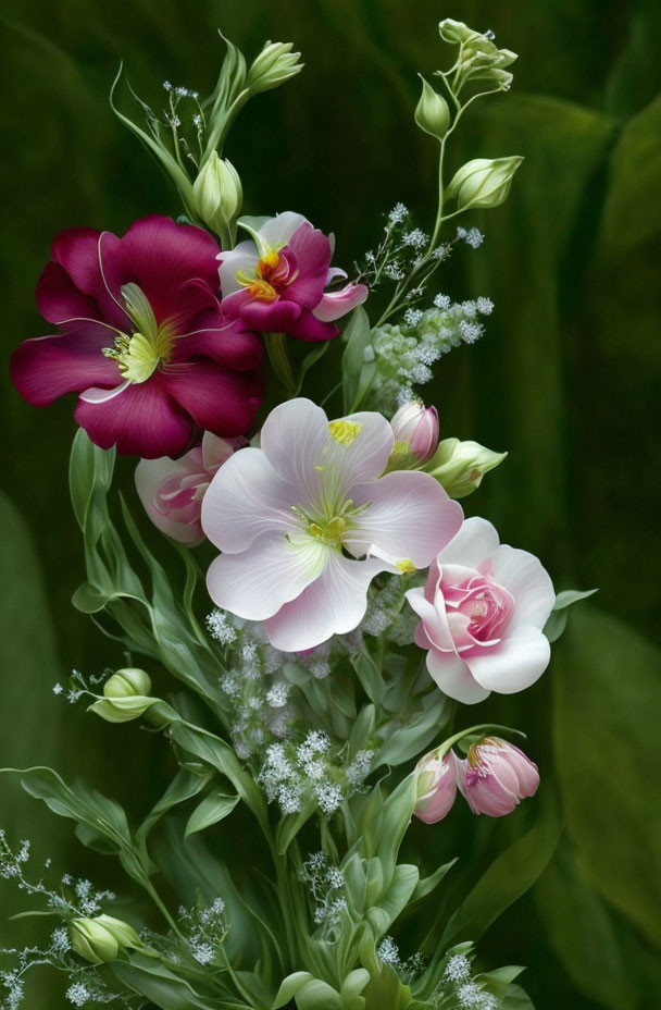 Colorful bouquet of white, pink, and maroon flowers on dark green backdrop