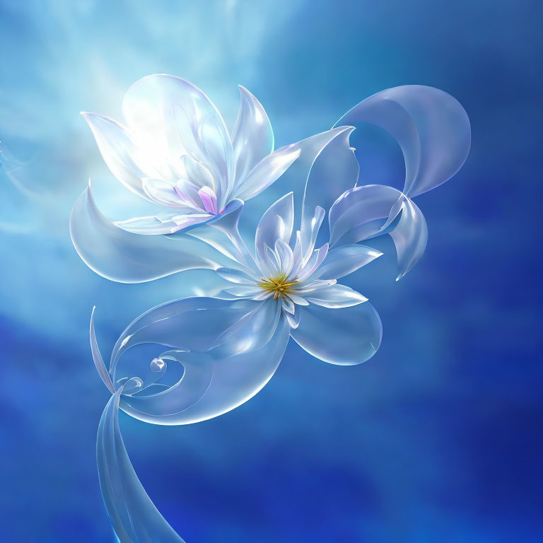 Luminous translucent flower in blue and white on soft blue background