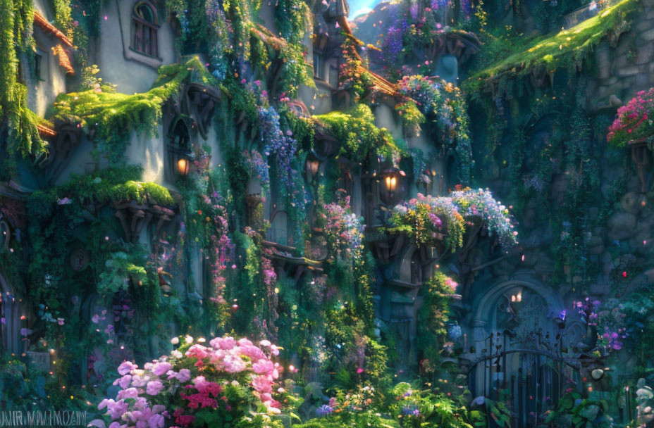 Ivy-clad stone building with purple flowers in a glowing forest