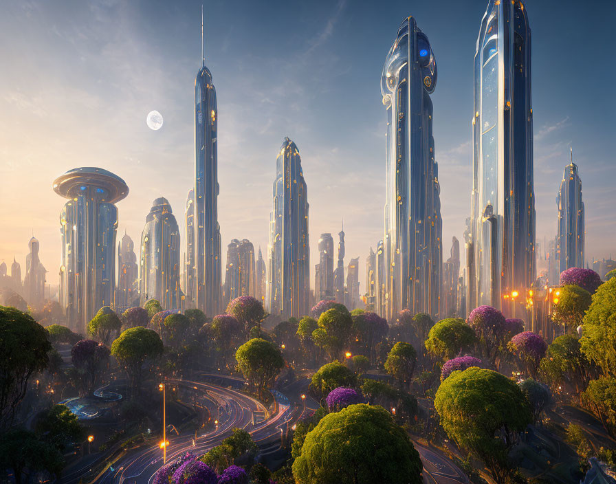 Futuristic cityscape at dawn: towering skyscrapers, winding roads, lush greenery.