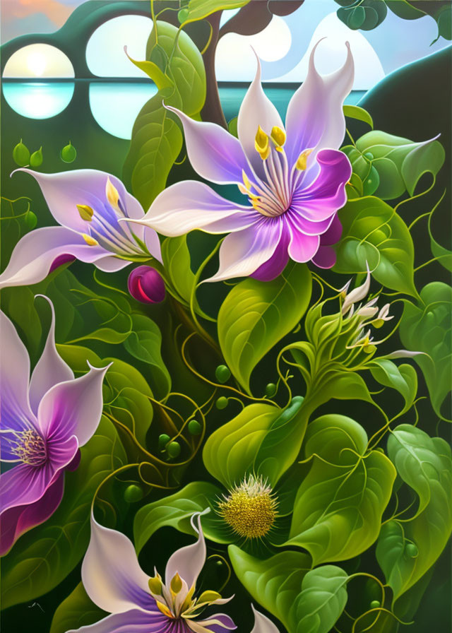 Colorful digital painting of purple and pink flowers with green leaves on abstract backdrop.