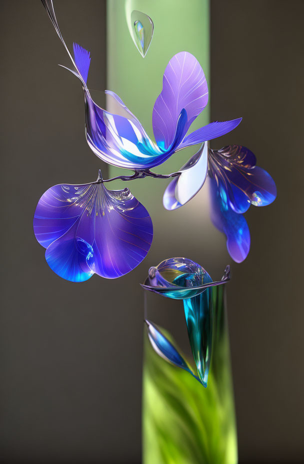 Blue and Purple Translucent Flowers on Graceful Stems with Soft-Focus Green Background