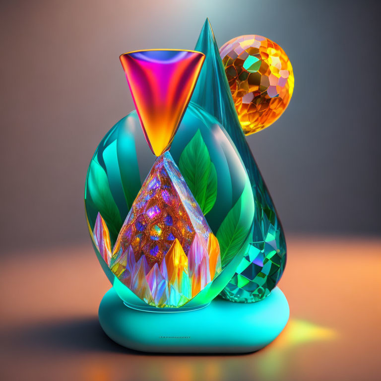 Colorful 3D Composition with Glassy Shapes and Patterns