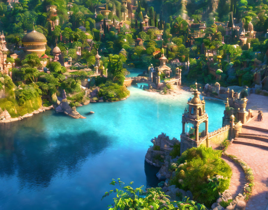 Fantasy landscape with lush greenery, turquoise waterways, ornate bridges, domed and sp