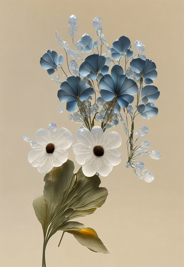Translucent blue digital flowers on beige background