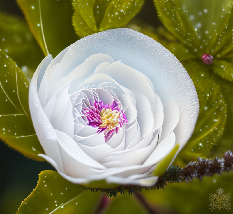 Delicate white flower with water droplets on petals amid green leaves