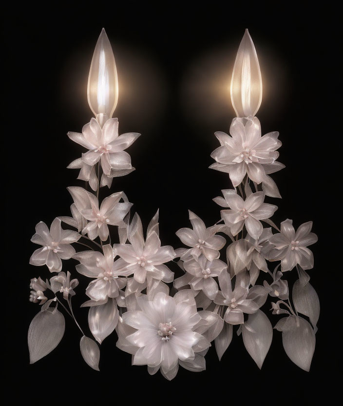 Floral-themed candle wall sconces with illuminated bulbs on dark backdrop