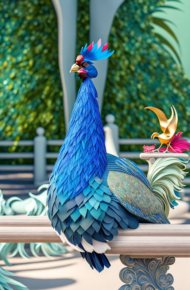 Colorful Peacock Digital Illustration on Balustrade with Green Hedge Background