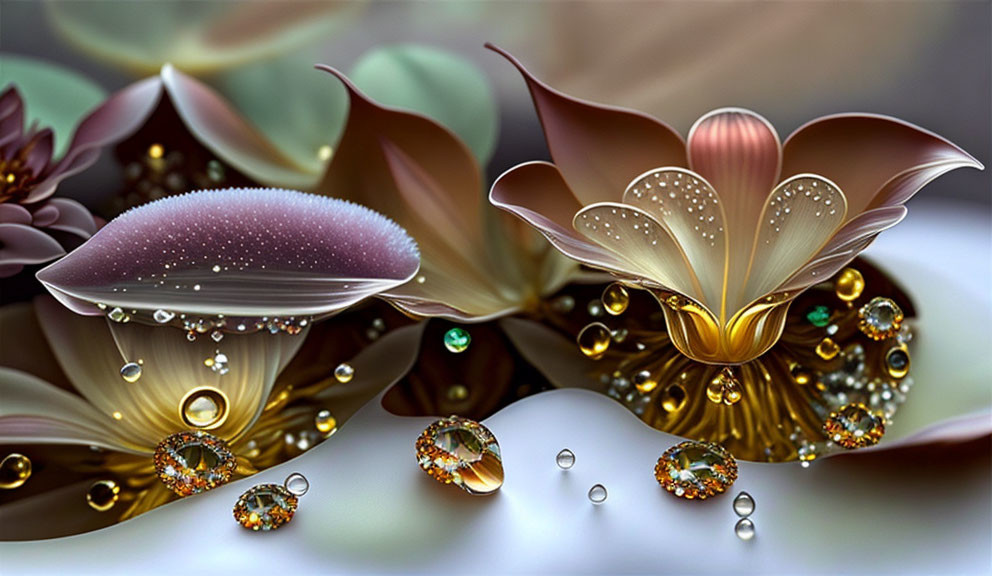 Stylized surreal flowers with jewel-like embellishments