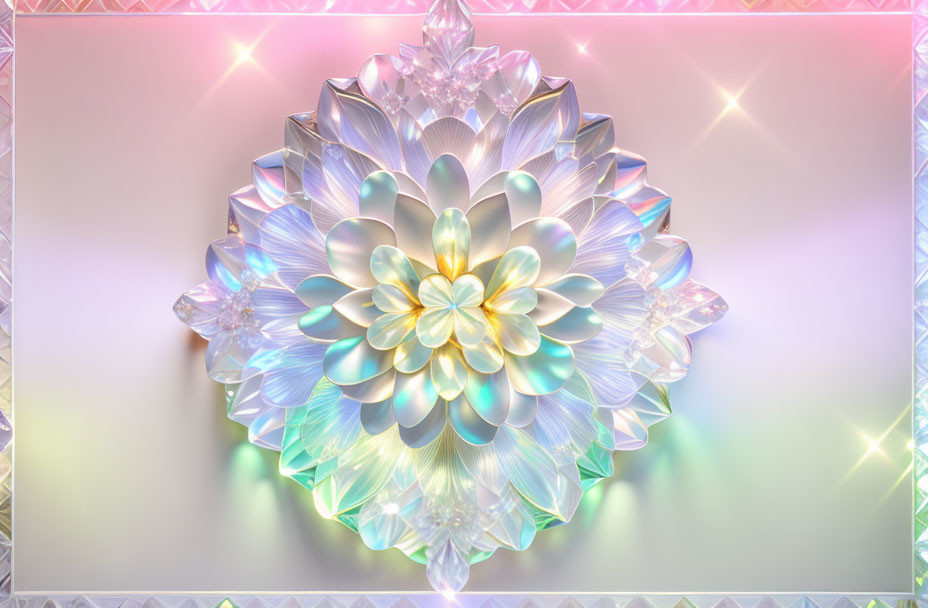 Digitally crafted kaleidoscopic flower with iridescent petals and crystalline structures