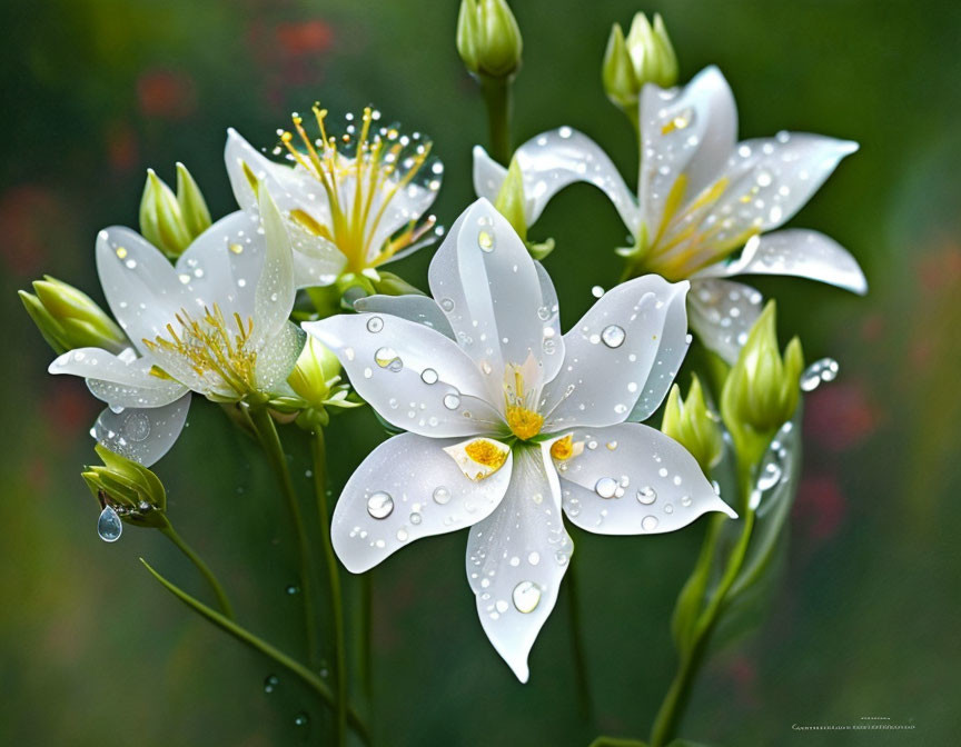 White Flowers with Yellow Centers and Water Droplets on Petals in Green and Red Setting