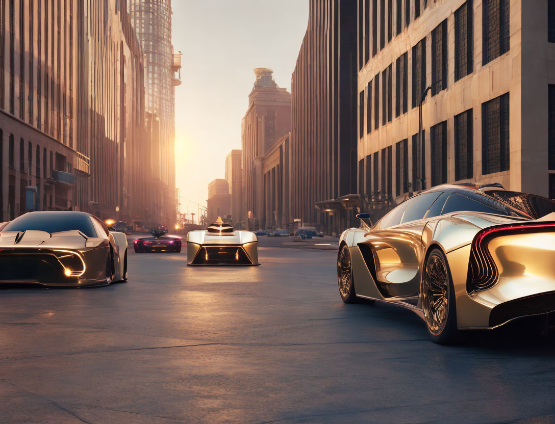 Futuristic concept cars on city street at sunset