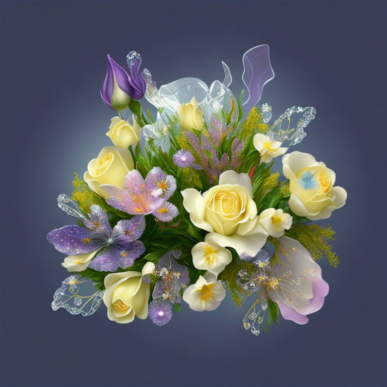 Colorful digital illustration of vibrant bouquet with yellow, purple, and white flowers on dark backdrop.