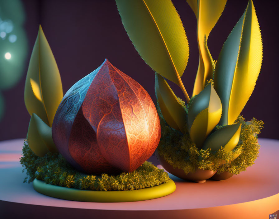 Circular stage with glowing patterned seed and fantasy foliage under warm lighting