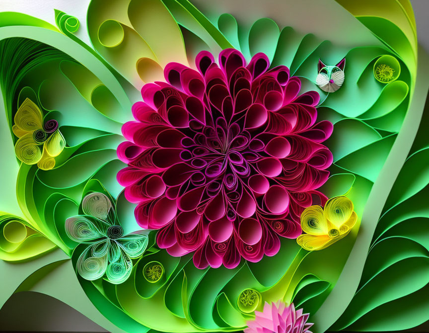 Colorful quilling art: Pink bloom, green foliage, and butterflies