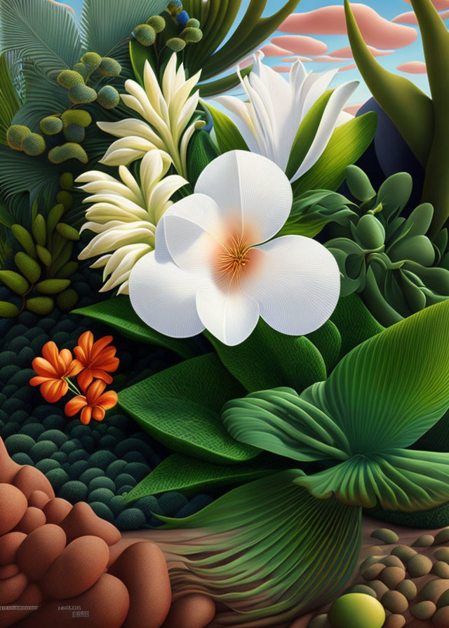 Colorful Botanical Digital Artwork with White Flower and Orange Blossoms